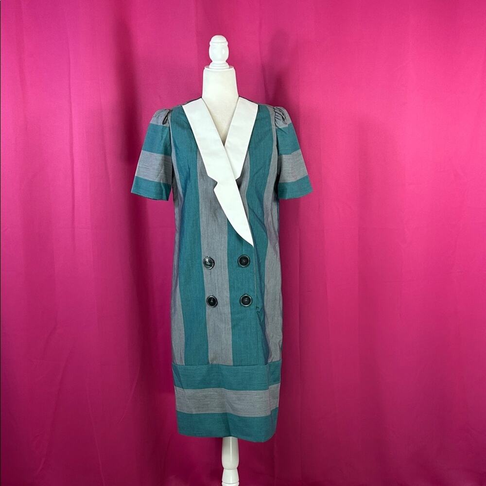 Vintage 80s Leslie Fay grey and teal striped power suit midi dress, size 10